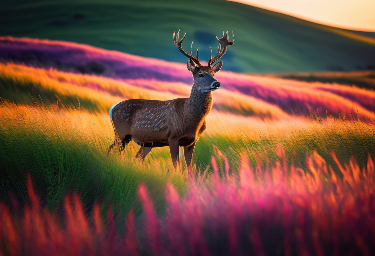 photo-wallpaper-stag-in-glowing-grasslands-at-sunset
