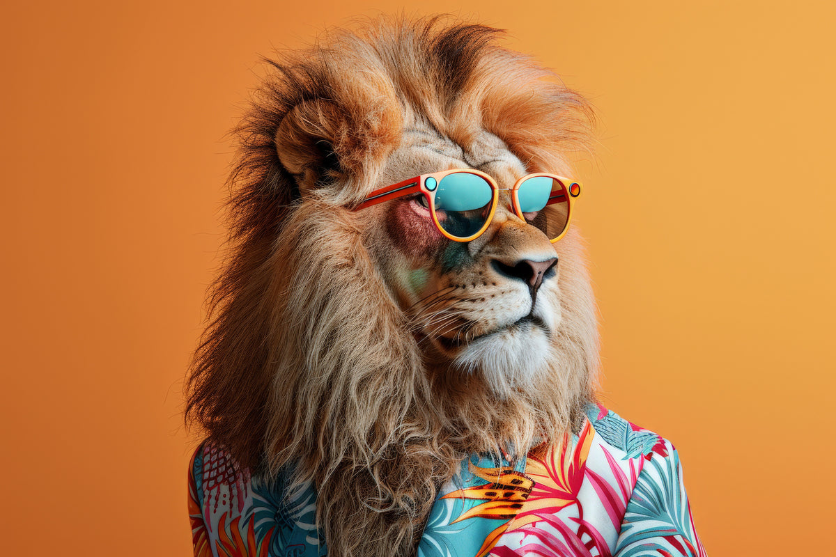 photo-wallpaper-lion-in-sunglasses-and-a-floral-shirt-against-orange