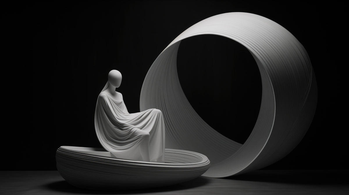 photo-wallpaper-white-draped-figure-in-a-boat-before-a-large-ring-in-black-and-white