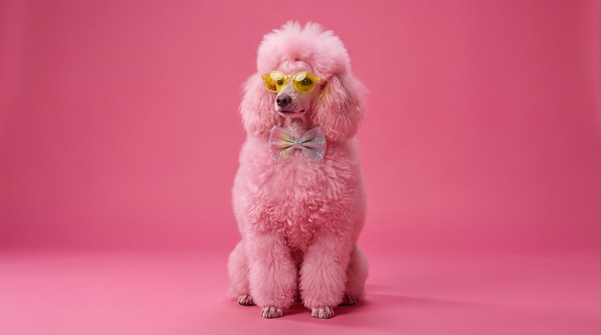 photo-wallpaper-pink-poodle-in-yellow-sunglasses-and-a-glittery-bow-tie
