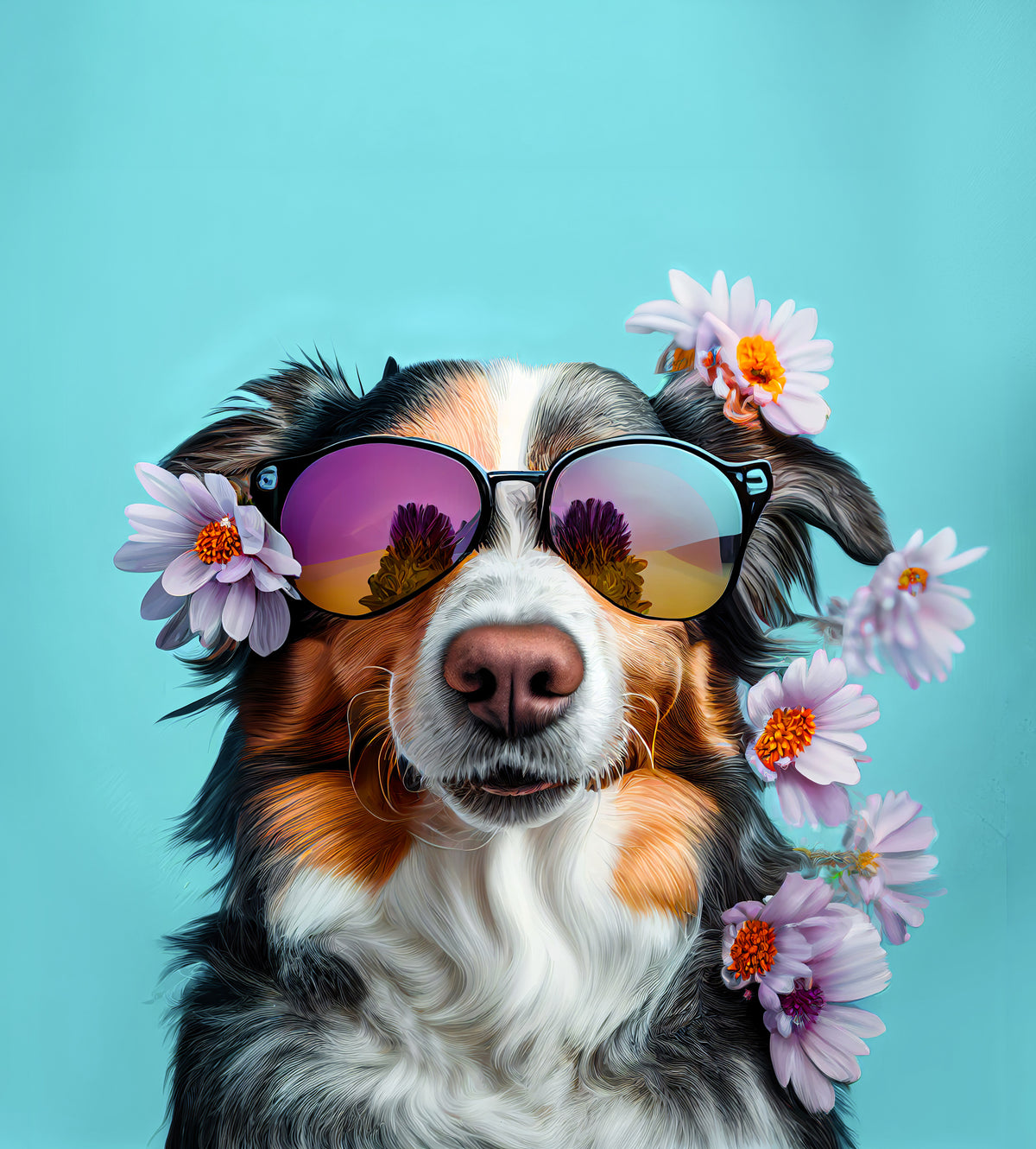 photo-wallpaper-dog-in-sunglasses-with-blossoms-on-turquoise