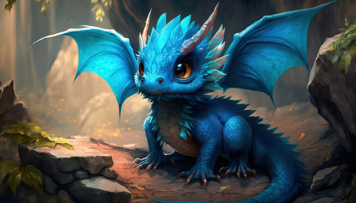 photo-wallpaper-little-blue-dragon-with-golden-eyes-among-mossy-rocks