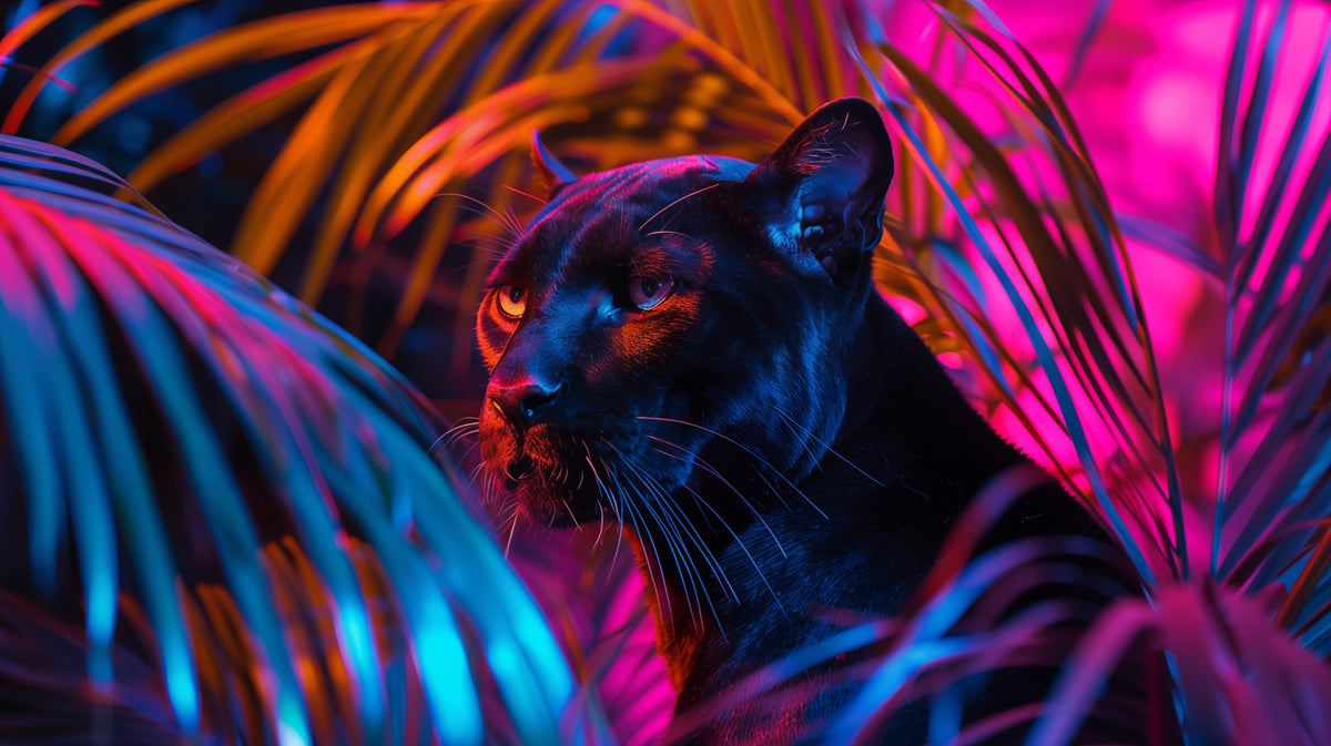 photo-wallpaper-black-panther-on-a-background-of-neon-tropical-leaves