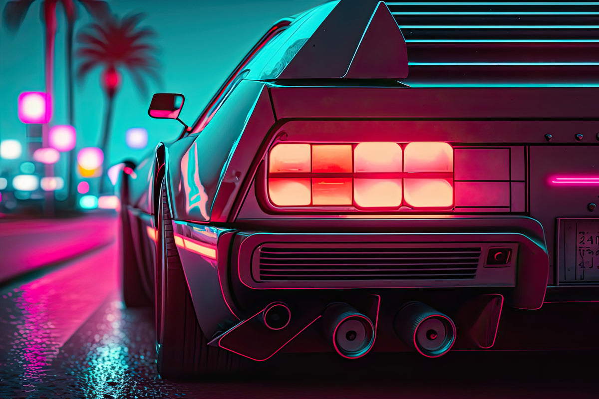 photo-wallpaper-sports-car-rear-glowing-in-neon-light-on-a-palm-lined-street