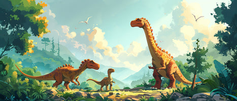 photo-wallpaper-friendly-dinosaurs-in-a-green-prehistoric-valley-gentle-illustration
