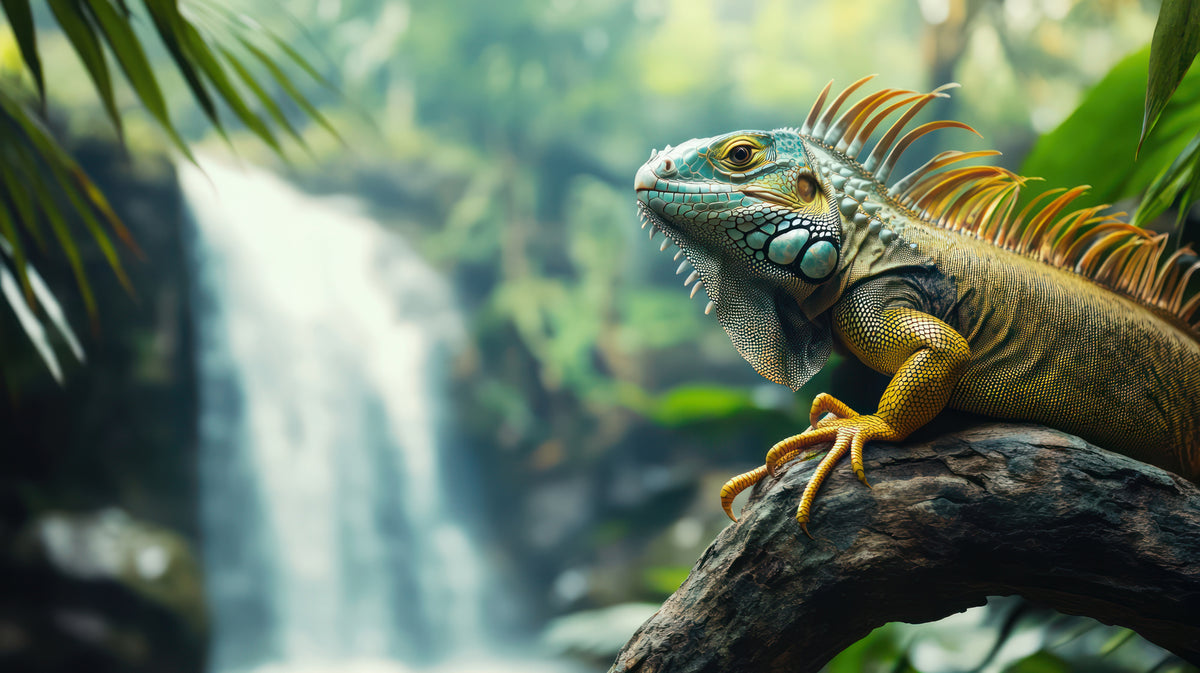 photo-wallpaper-green-iguana-perched-on-a-branch-with-a-waterfall-in-the-background