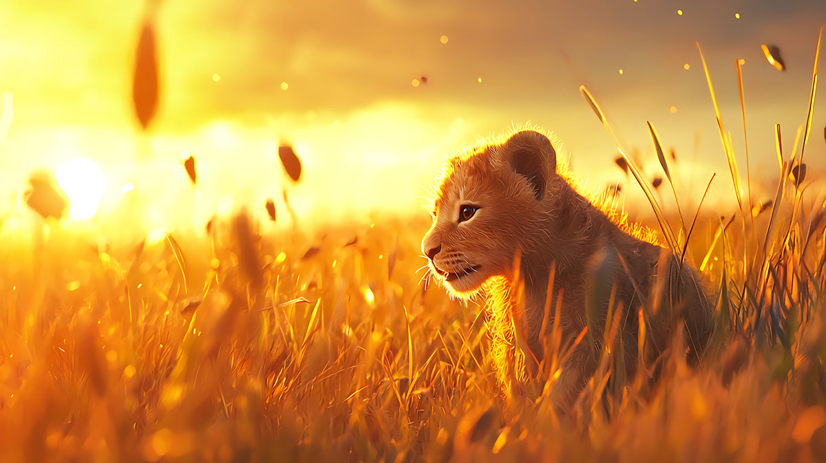 photo-wallpaper-a-baby-lion-is-sitting-in-the-grass-in-front-of-a-sunset