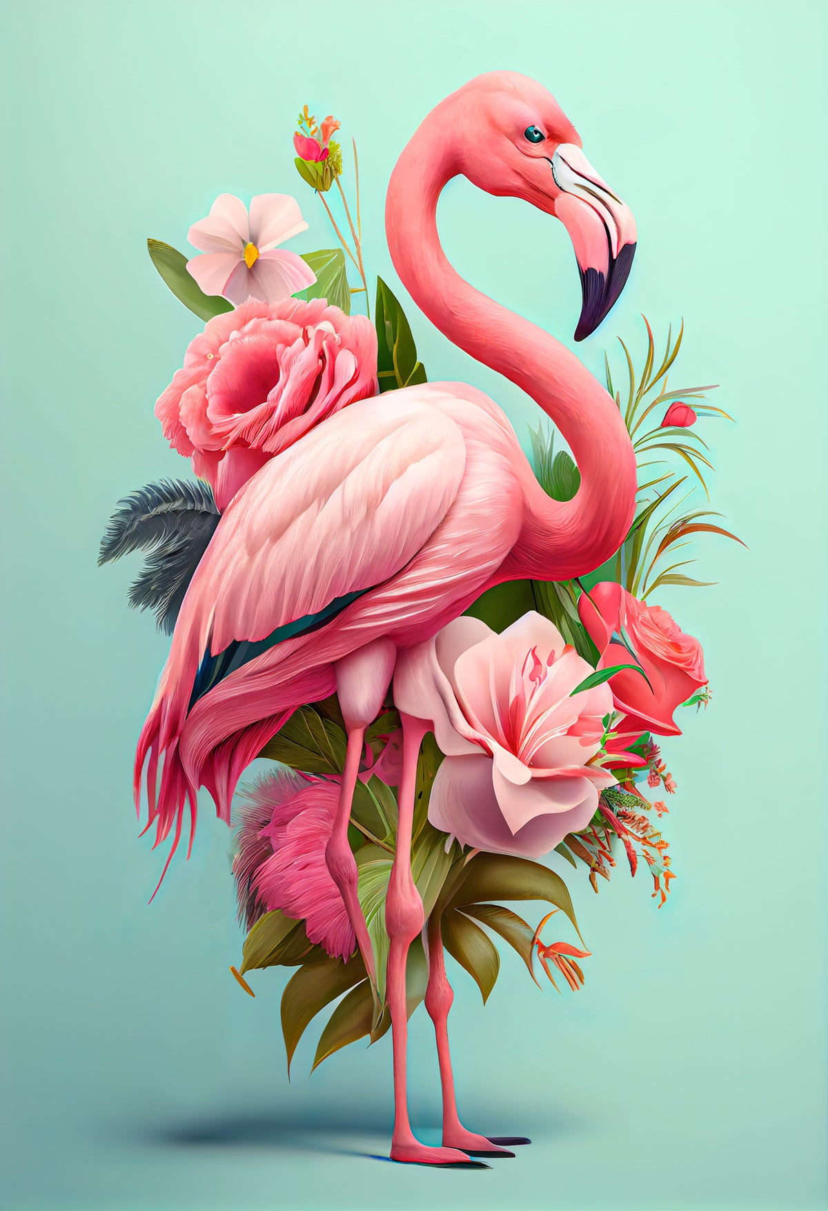 photo-wallpaper-flamingo-adorned-with-roses-and-blossoms-on-soft-mint-green