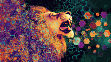 photo-wallpaper-roaring-lion-in-profile-among-glowing-hexagons