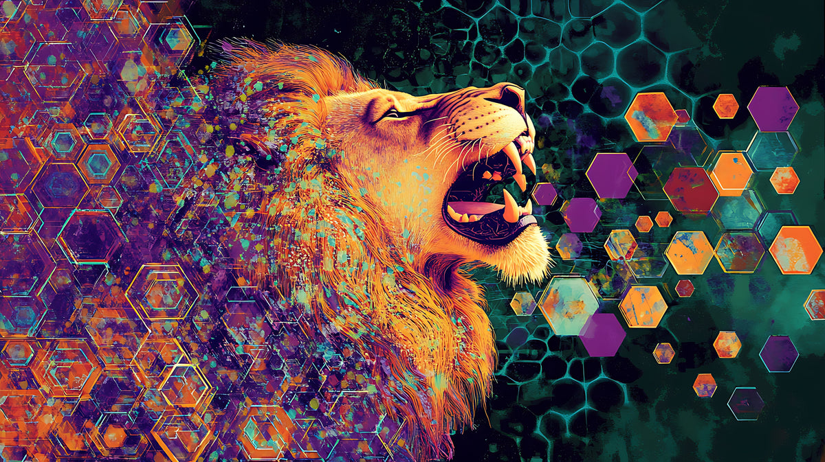 photo-wallpaper-roaring-lion-in-profile-among-glowing-hexagons