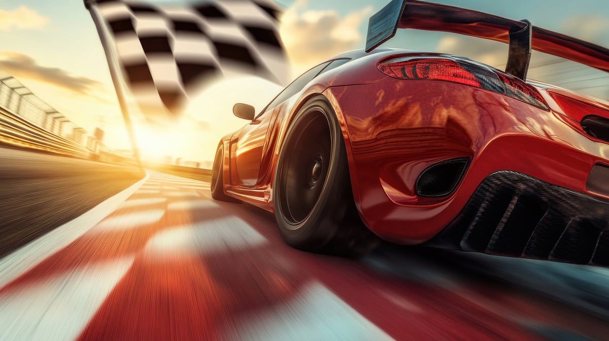 photo-wallpaper-red-race-car-sweeping-past-the-chequered-flag-in-low-evening-sun