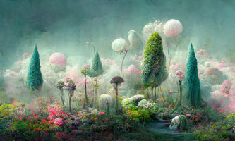 photo-wallpaper-dreamlike-misty-garden-with-drifting-blossoms-and-teal-tree-cones