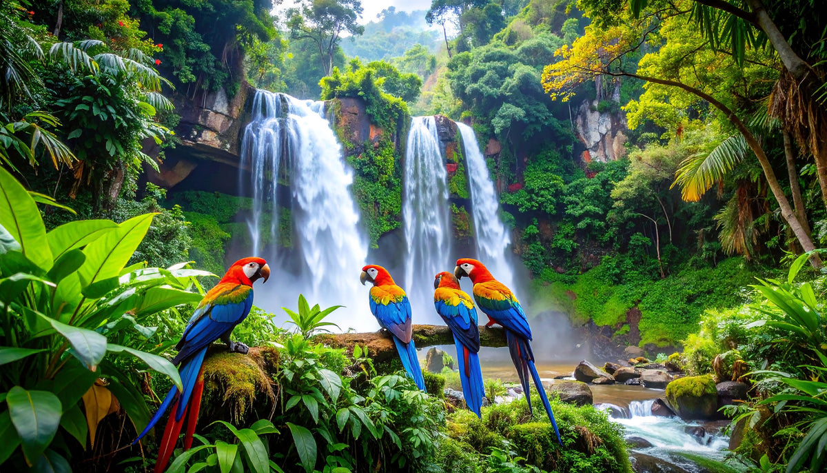 photo-wallpaper-scarlet-macaws-before-a-thundering-jungle-waterfall-in-deep-green