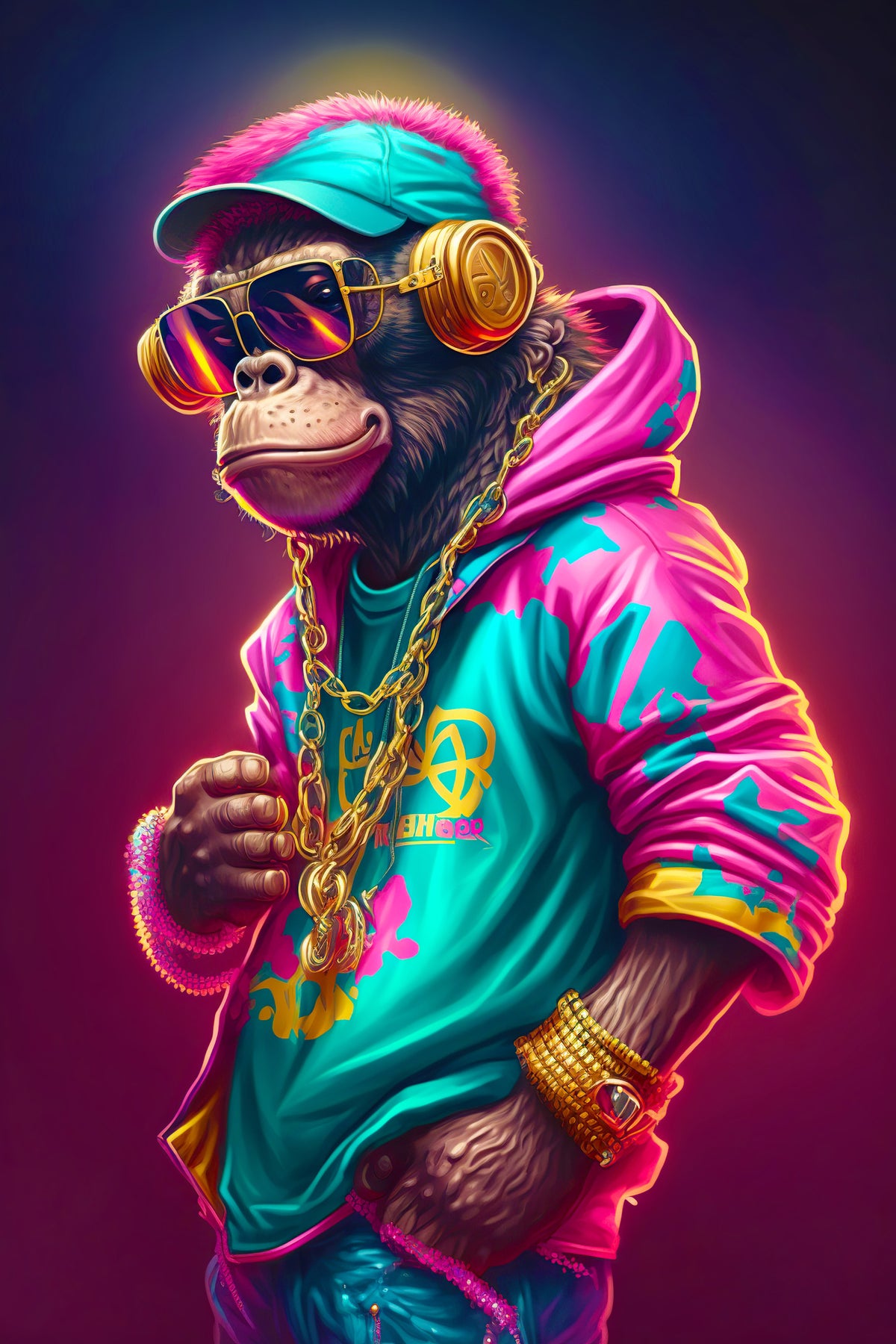 photo-wallpaper-rapper-monkey-with-gold-chain-and-sunglasses-in-neon-colours