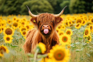 photo-wallpaper-a-highland-cow-with-huge-horns-standing-in-a-sunflowers-field