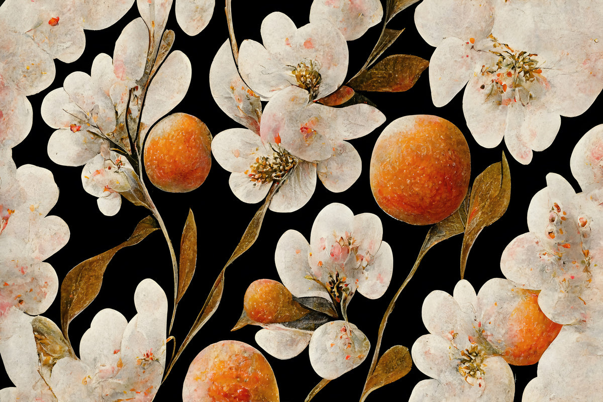 photo-wallpaper-white-flowers-and-oranges-on-deep-black
