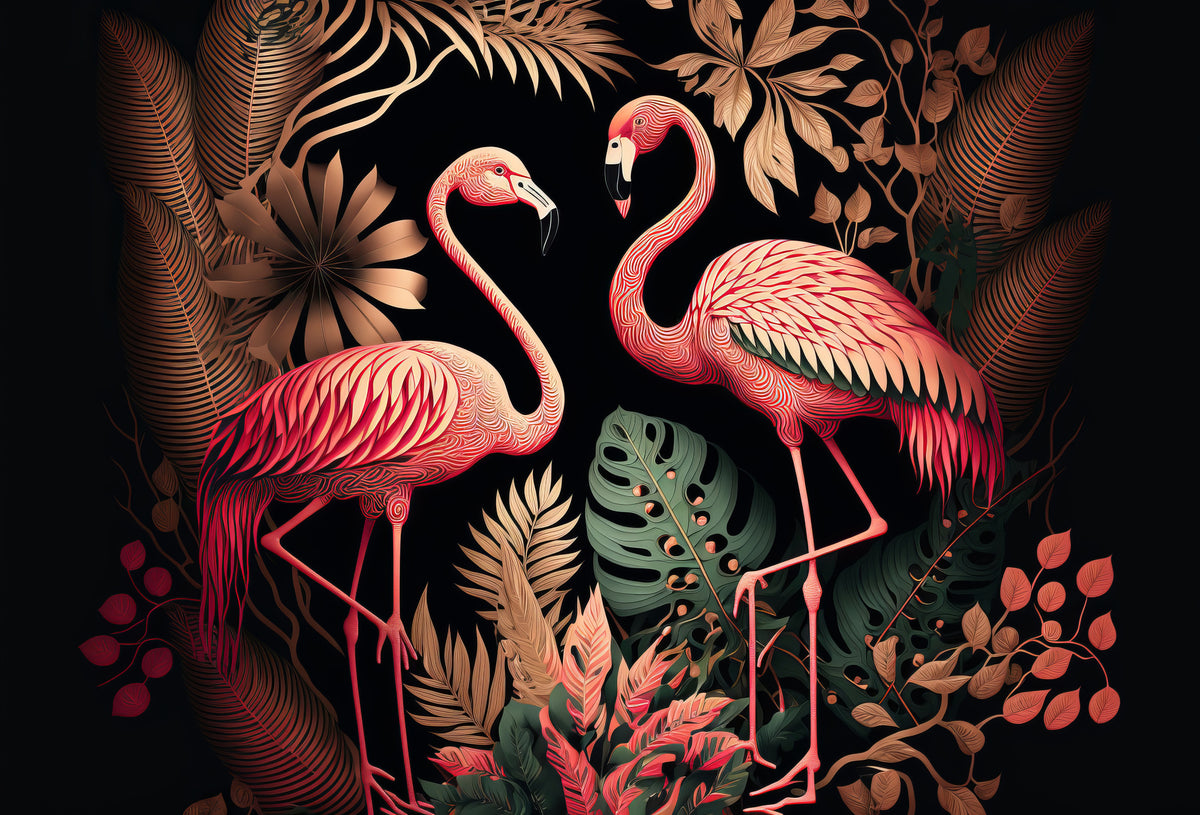 photo-wallpaper-two-flamingos-in-dark-jungle-foliage-art-deco-in-rose-and-copper