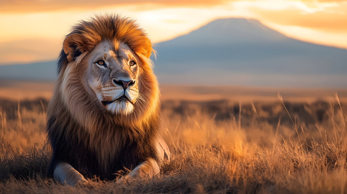 photo-wallpaper-lion-in-the-savannah-at-golden-hour-with-a-mountain-on-the-horizon