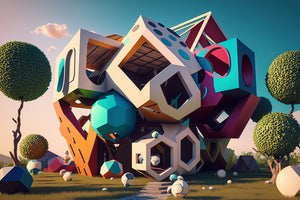 photo-wallpaper-stacked-cube-villa-in-turquoise-and-berry-on-a-green-meadow