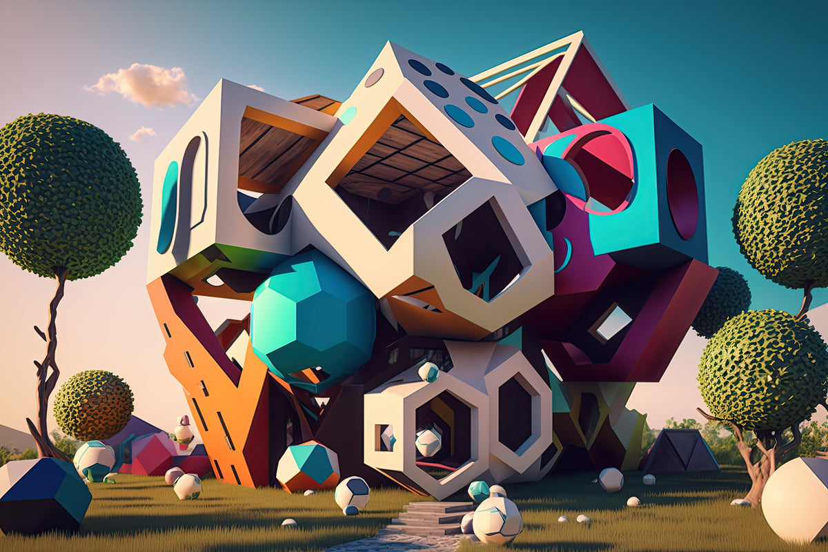 photo-wallpaper-stacked-cube-villa-in-turquoise-and-berry-on-a-green-meadow
