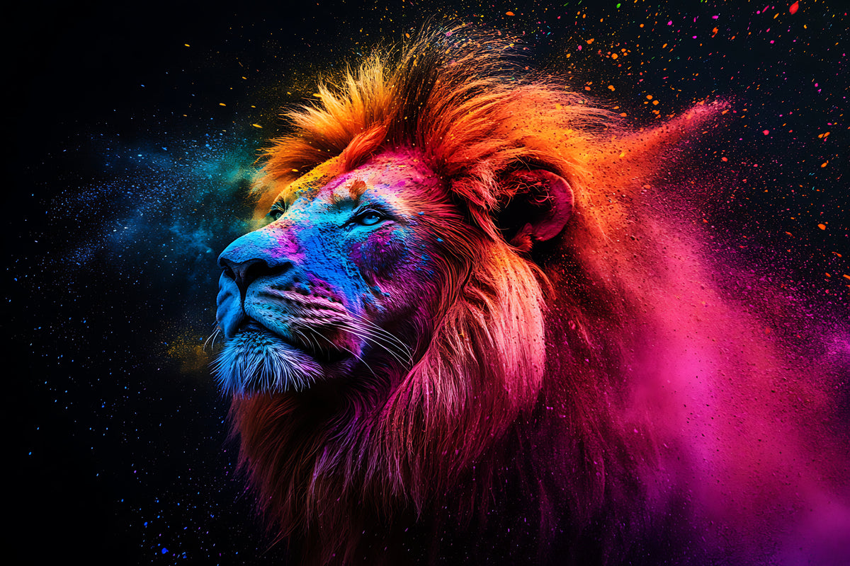 photo-wallpaper-lion-in-profile-amid-pink-and-orange-colour-powder