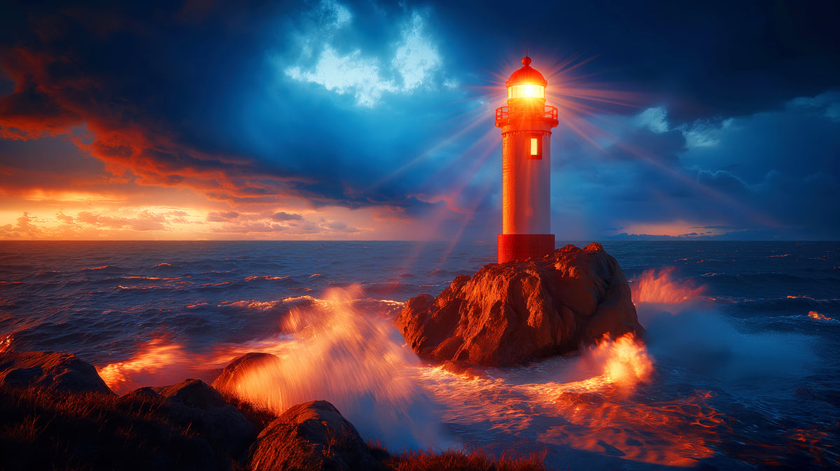 photo-wallpaper-lighthouse-on-a-rocky-reef-with-surf-in-glowing-evening-light