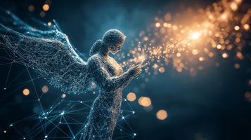 photo-wallpaper-wireframe-guardian-angel-in-blue-light-releasing-golden-sparks