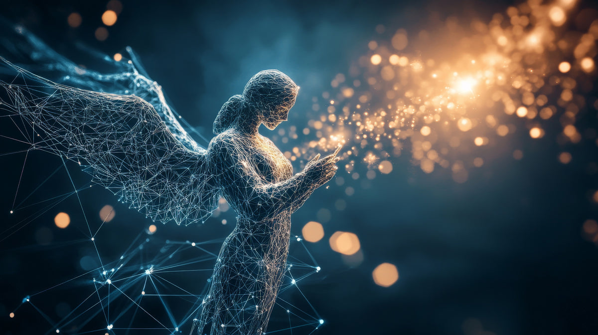 photo-wallpaper-wireframe-guardian-angel-in-blue-light-releasing-golden-sparks