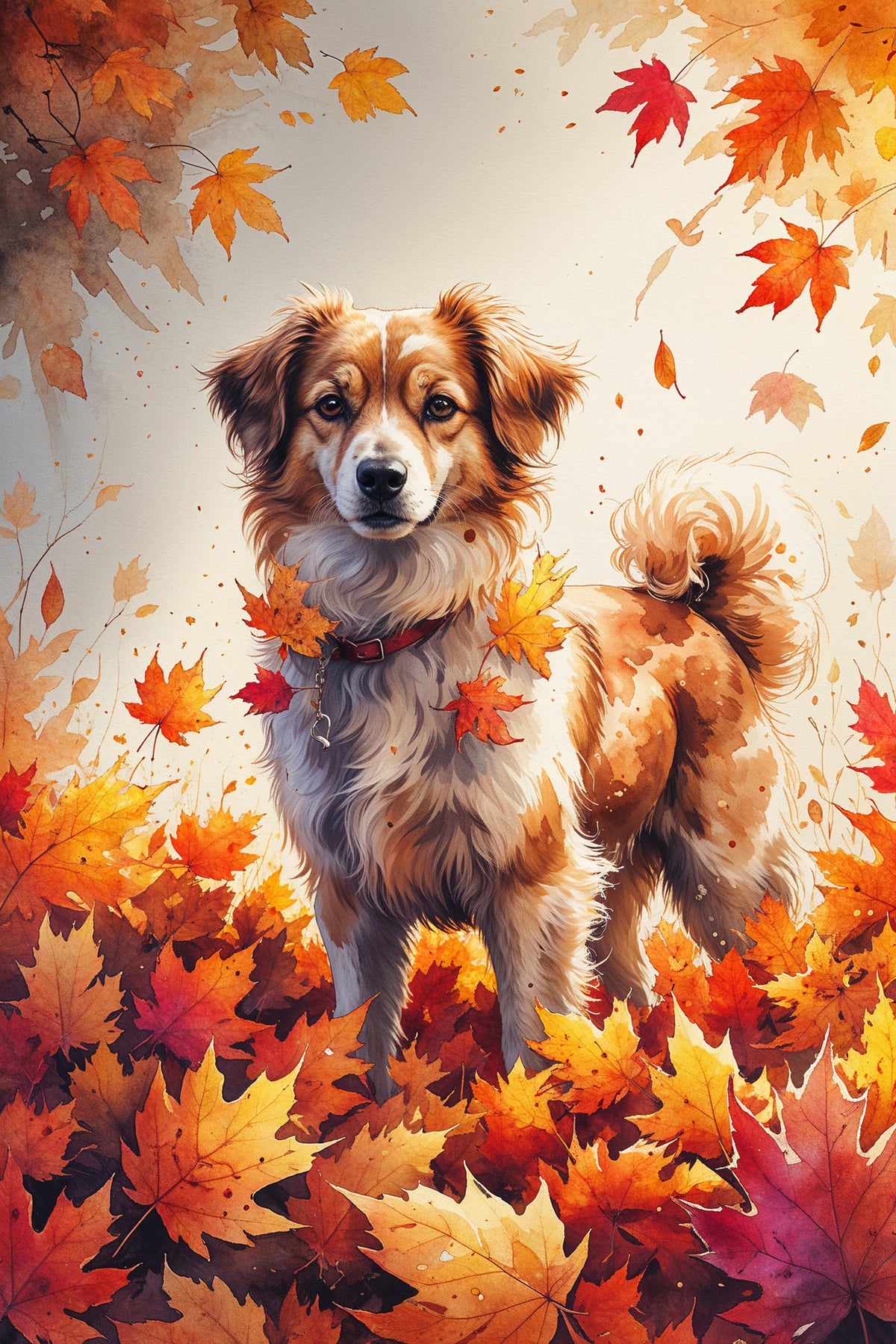photo-wallpaper-cute-dog-in-autumn-leaves-watercolor-illustration