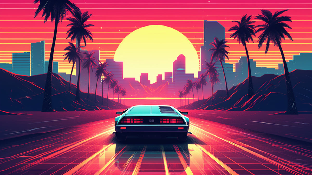 photo-wallpaper-sports-car-on-a-neon-highway-into-a-synthwave-sunset-with-palms