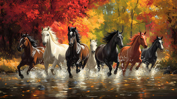 photo-wallpaper-herd-of-horses-galloping-through-a-river-before-blazing-autumn-foliage