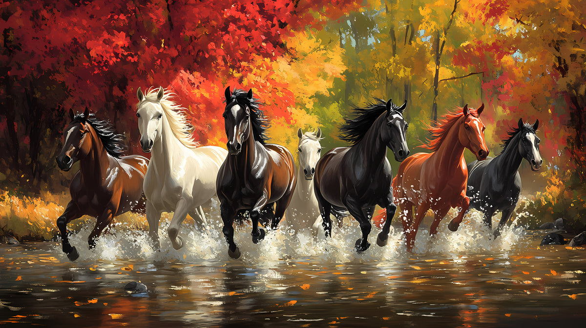 photo-wallpaper-herd-of-horses-galloping-through-a-river-before-blazing-autumn-foliage
