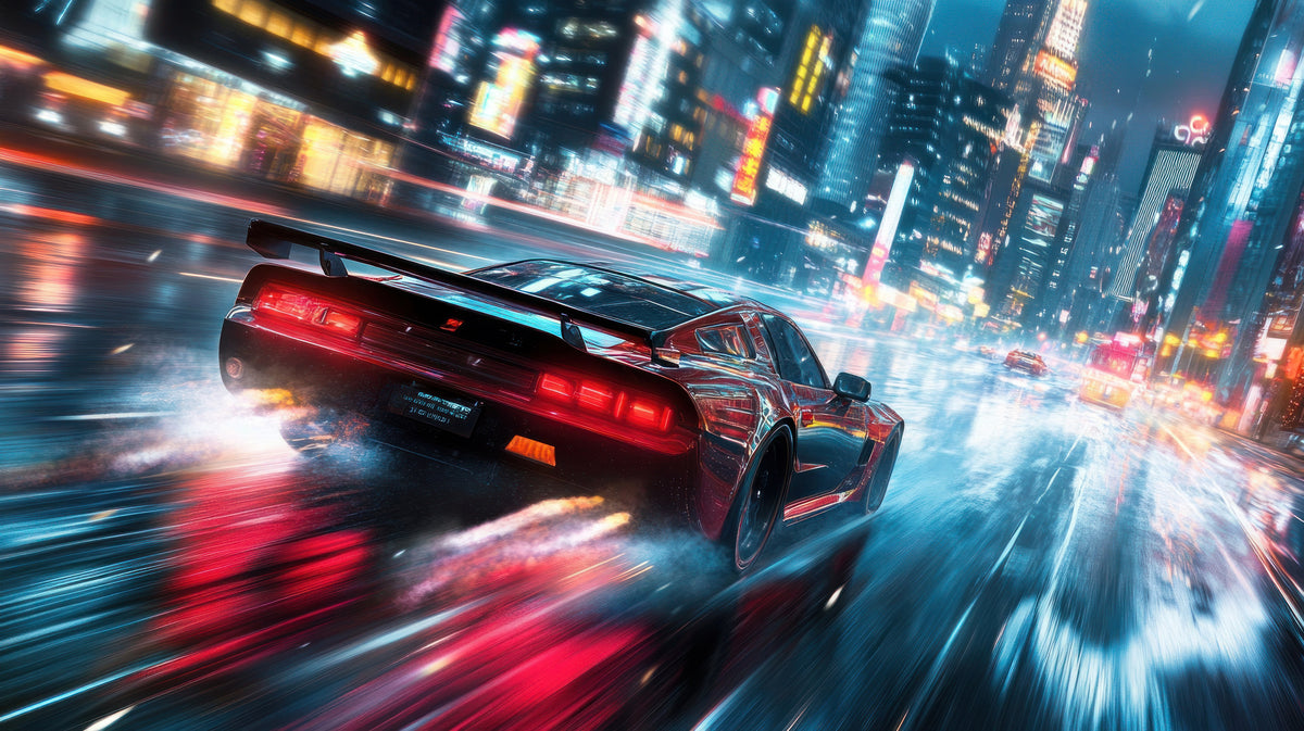 photo-wallpaper-red-sports-car-racing-through-a-rainy-neon-city-at-night