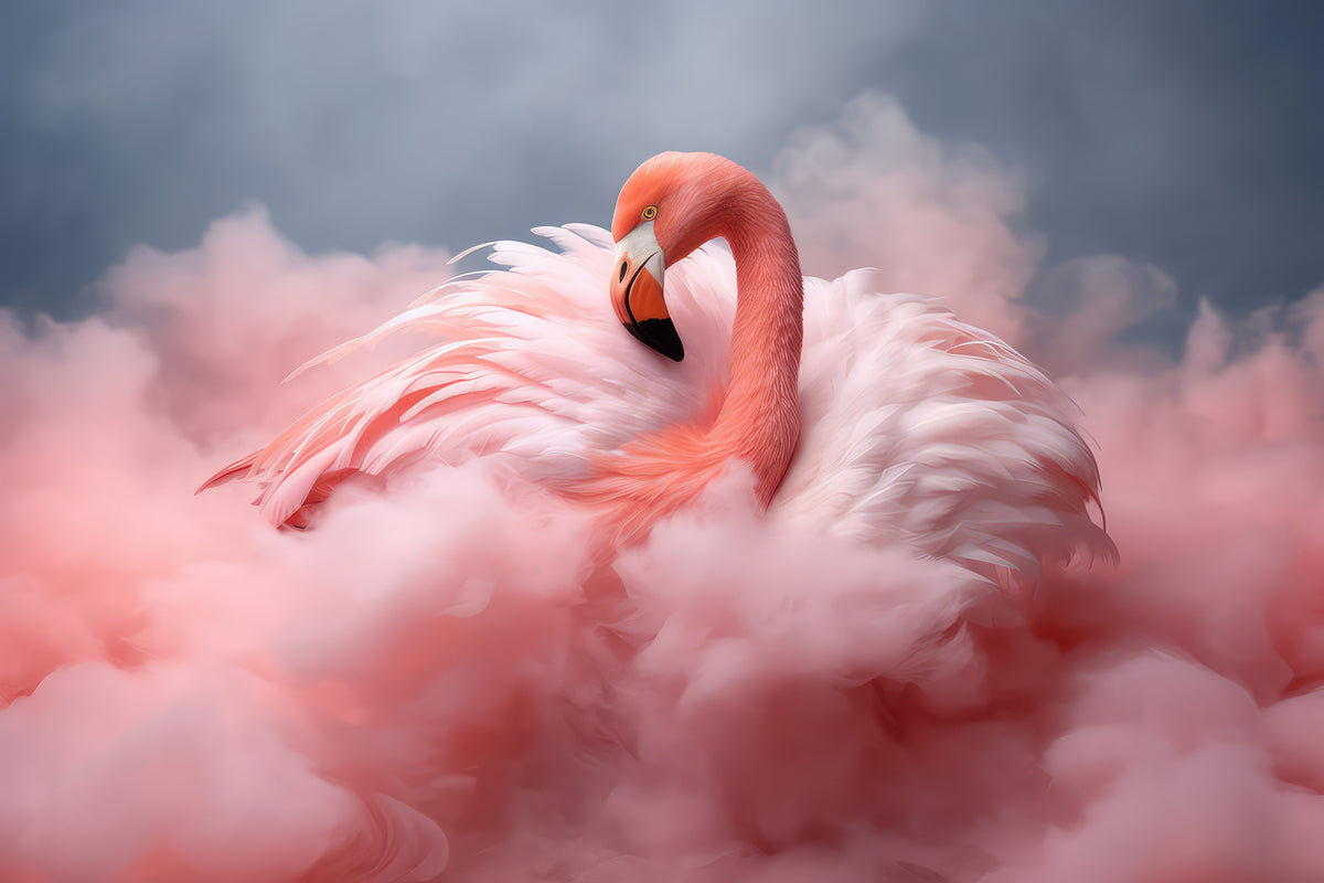 photo-wallpaper-flamingo-nestled-in-pink-feather-clouds-under-a-grey-sky
