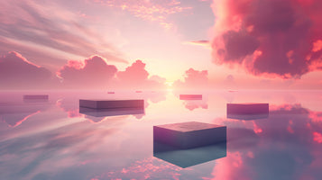 photo-wallpaper-floating-cubes-above-mirror-still-water-in-pink-sunset-light