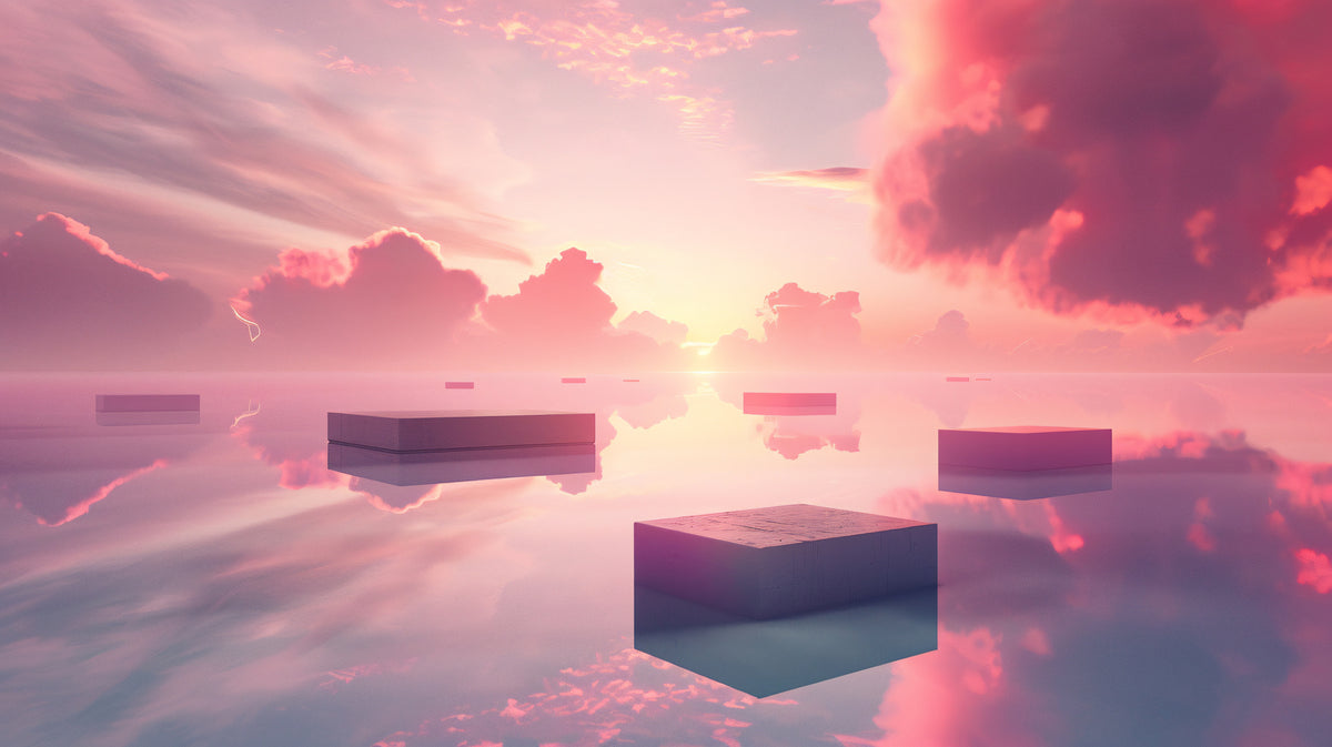 photo-wallpaper-floating-cubes-above-mirror-still-water-in-pink-sunset-light