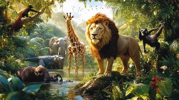 photo-wallpaper-lion-and-jungle-animals-at-a-sunlit-watering-hole