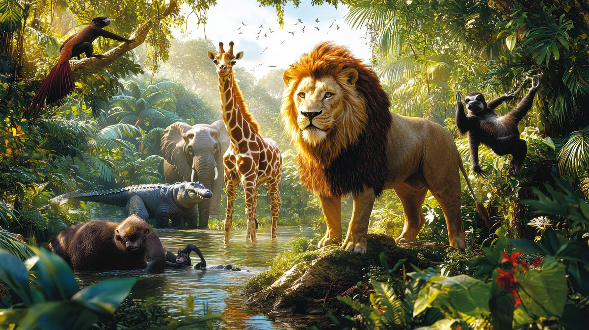photo-wallpaper-lion-and-jungle-animals-at-a-sunlit-watering-hole