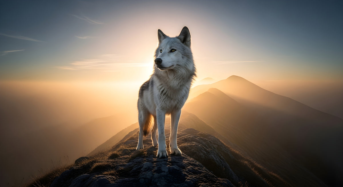 photo-wallpaper-majestic-white-wolf-standing-on-mountain-peak-at-sunset