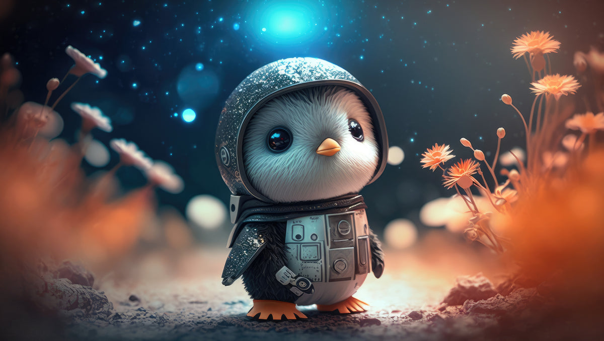 photo-wallpaper-baby-penguin-in-a-space-suit-among-glowing-flowers-under-starry-skies