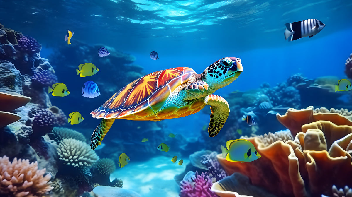 photo-wallpaper-sea-turtle-gliding-over-a-coral-reef-in-turquoise-light