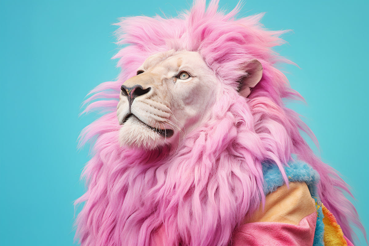 photo-wallpaper-lion-with-pink-mane-in-a-colourful-jumper-on-turquoise