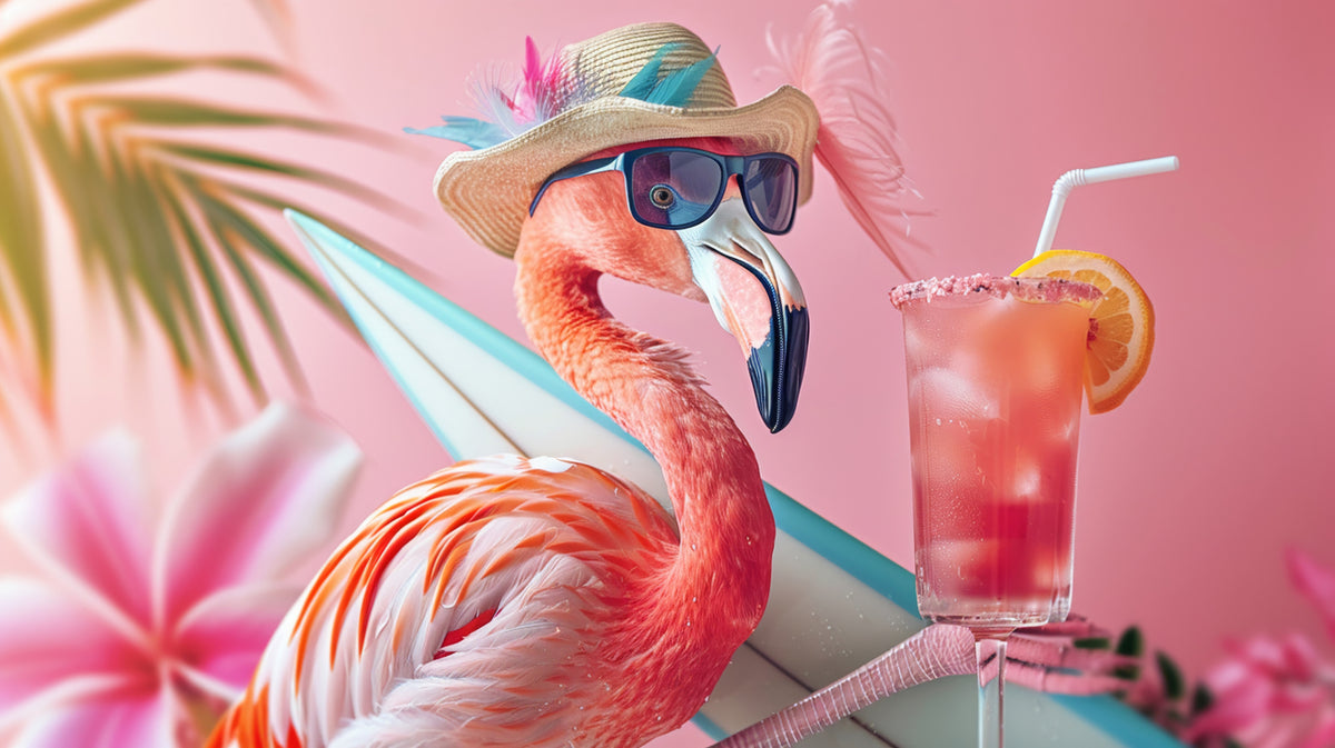 photo-wallpaper-flamingo-in-a-sun-hat-and-sunglasses-beside-a-cool-drink-in-pink
