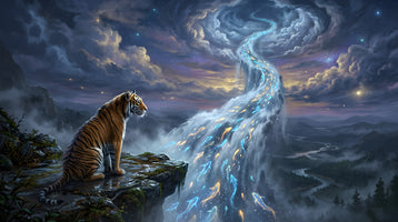 photo-wallpaper-tiger-on-a-cliff-edge-beside-a-starlit-waterfall-of-glowing-fish