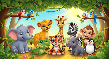 photo-wallpaper-cheerful-baby-jungle-animals-in-bright-sunshine-colourful-cartoon-style
