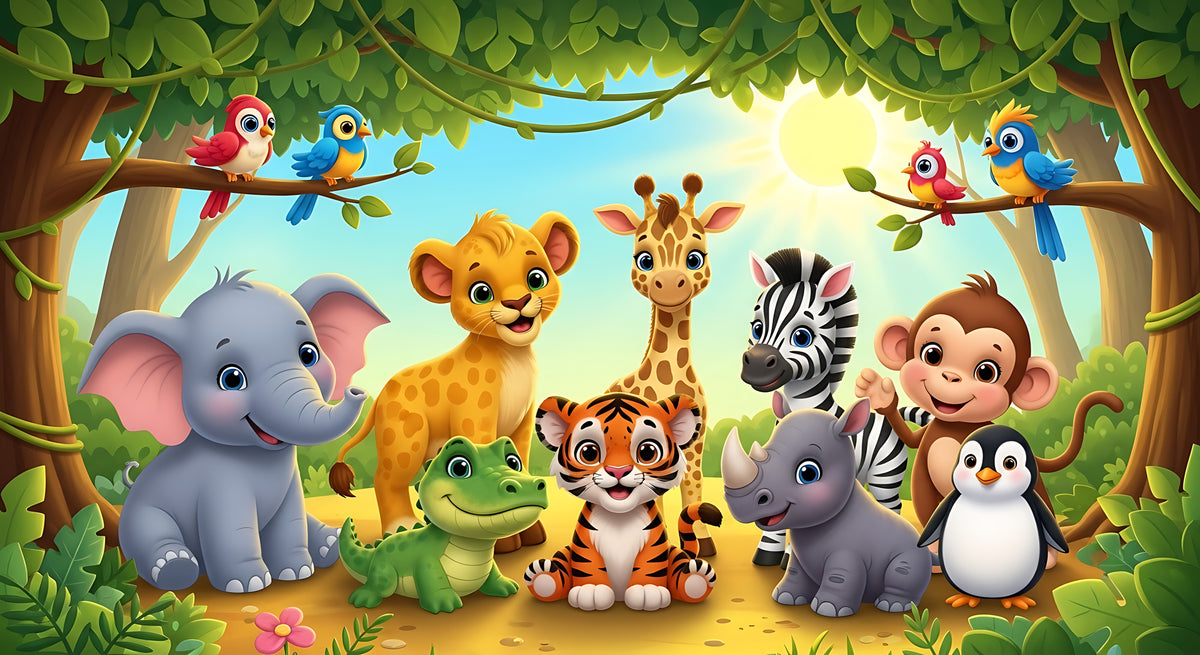 photo-wallpaper-cheerful-baby-jungle-animals-in-bright-sunshine-colourful-cartoon-style