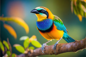 photo-wallpaper-tropical-bird-in-blue-and-orange-on-a-mossy-branch