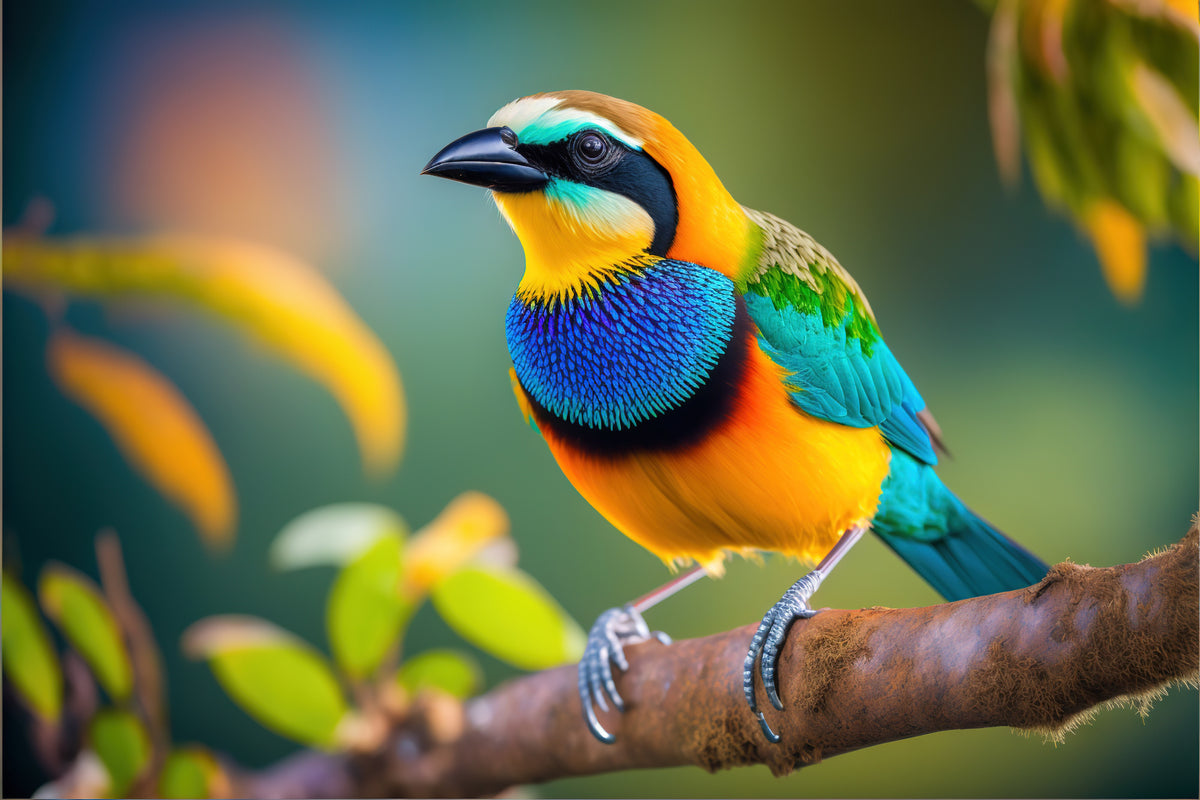 photo-wallpaper-tropical-bird-in-blue-and-orange-on-a-mossy-branch