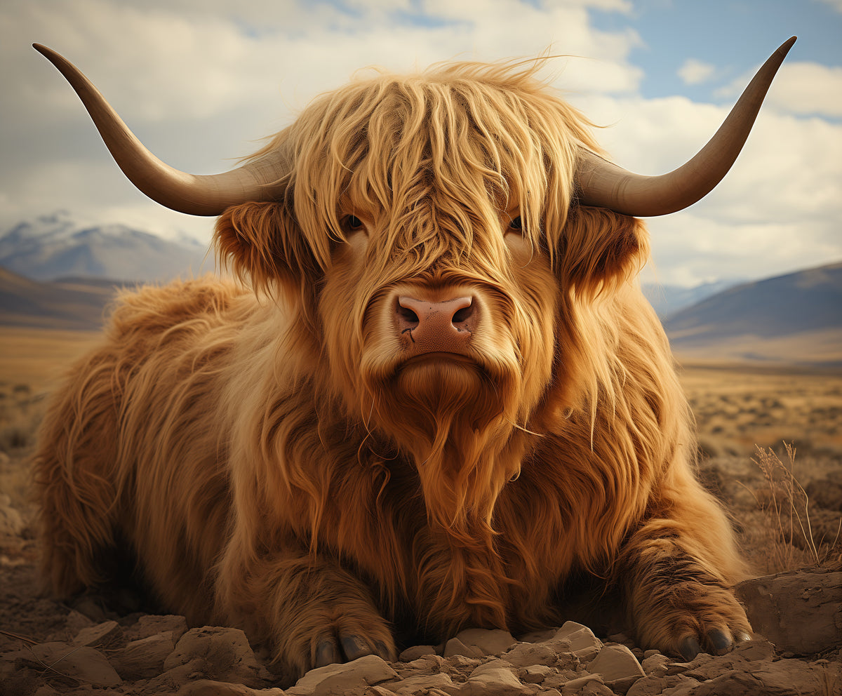 photo-wallpaper-shaggy-highland-cow-resting-before-a-wide-mountain-steppe