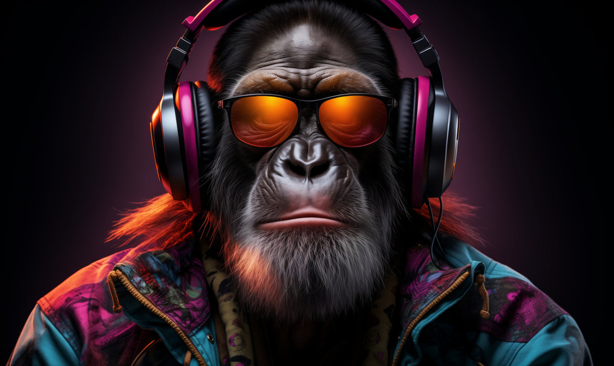 photo-wallpaper-ape-in-pink-headphones-and-orange-sunglasses-under-neon-light